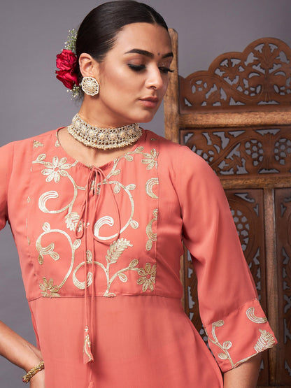 Rust Gota Embroidered Top With Palazzos