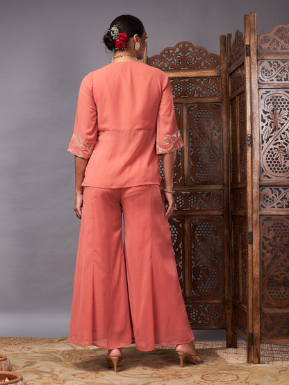 Rust Gota Embroidered Top With Palazzos
