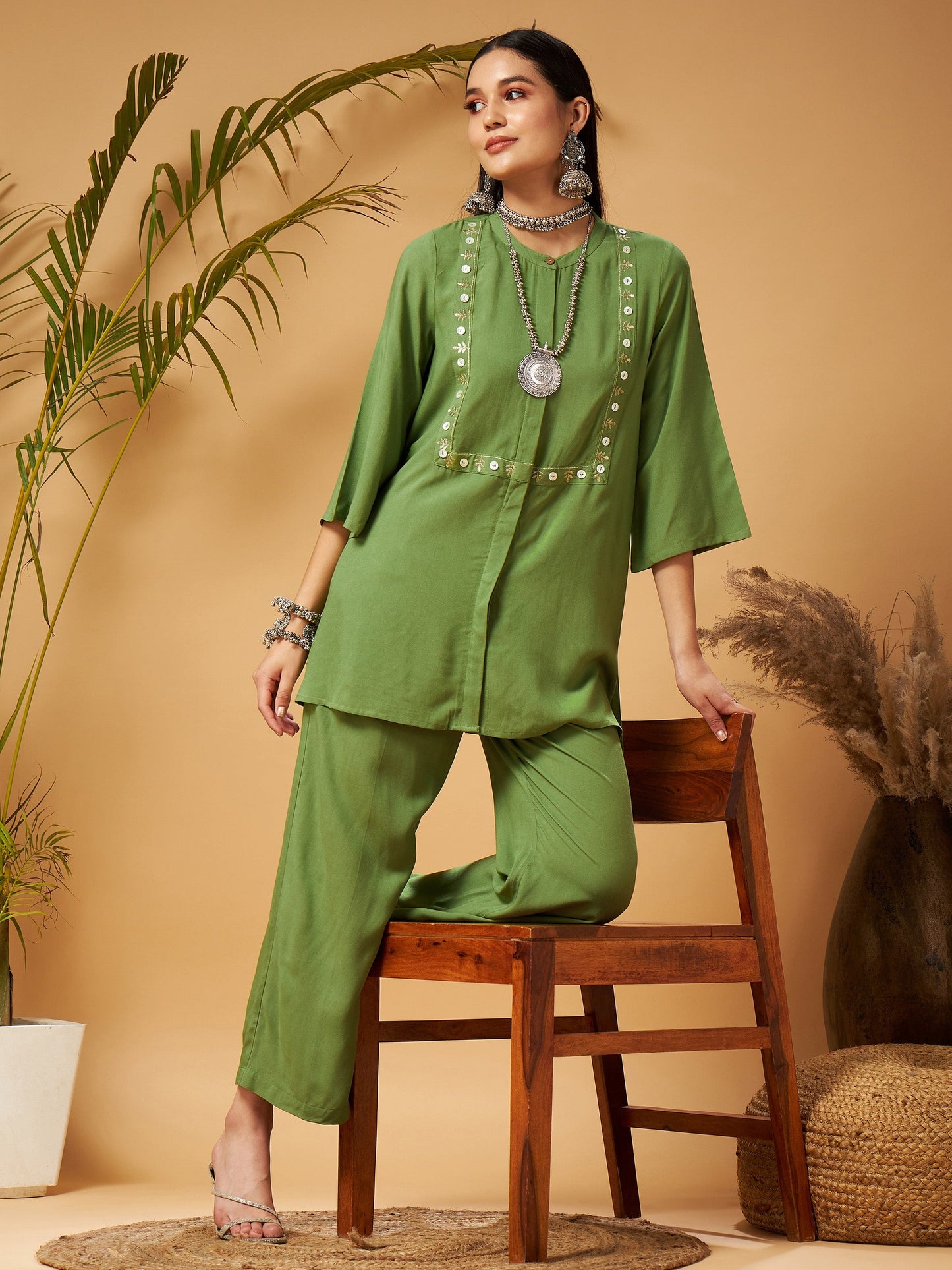 Green Zari Embroidered Top With Palazzos