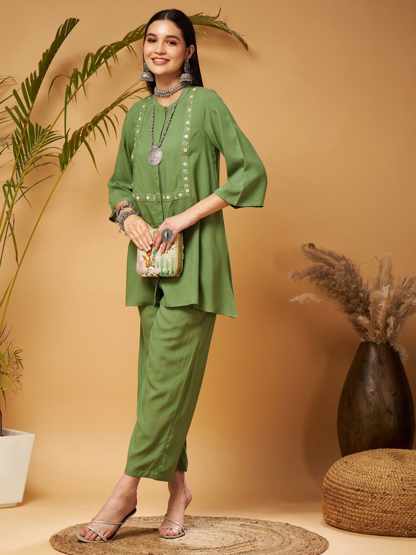 Green Zari Embroidered Top With Palazzos
