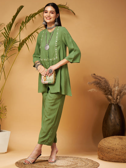 Green Zari Embroidered Top With Palazzos