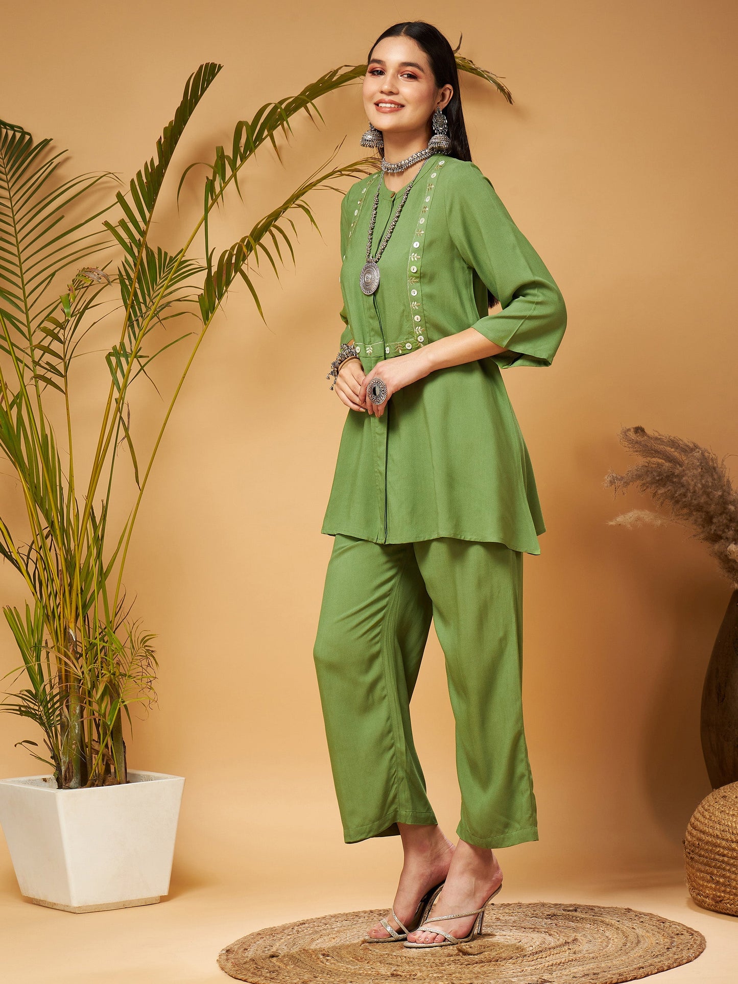 Green Zari Embroidered Top With Palazzos