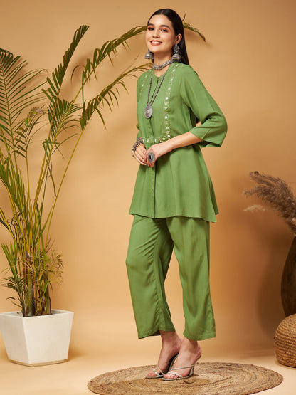 Green Zari Embroidered Top With Palazzos