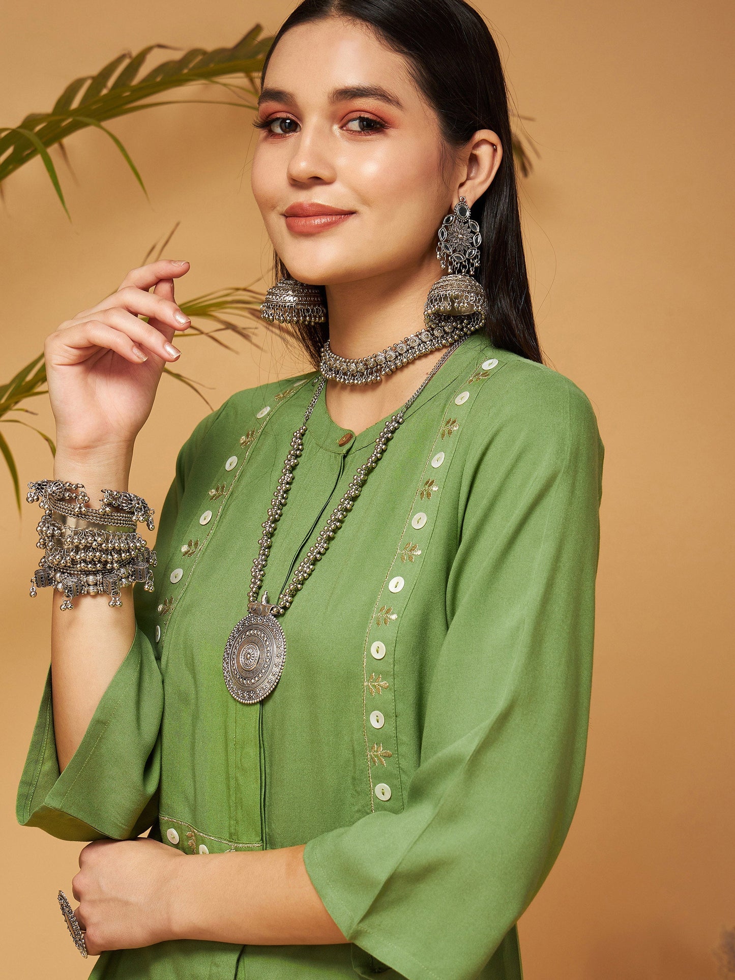 Green Zari Embroidered Top With Palazzos