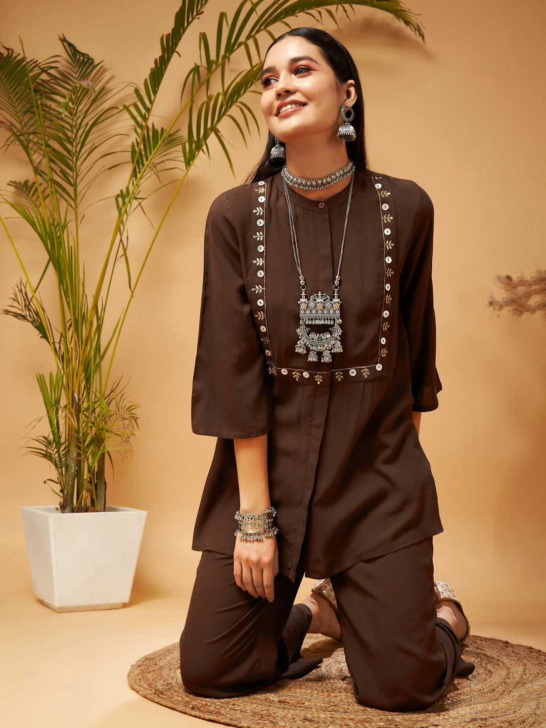 Women's Women Brown Zari Embroidered Top With Palazzos in Rayon by Shae for wholesale, bulk, supplier, manufacturer and wholesaler buyers from Trendphoria
