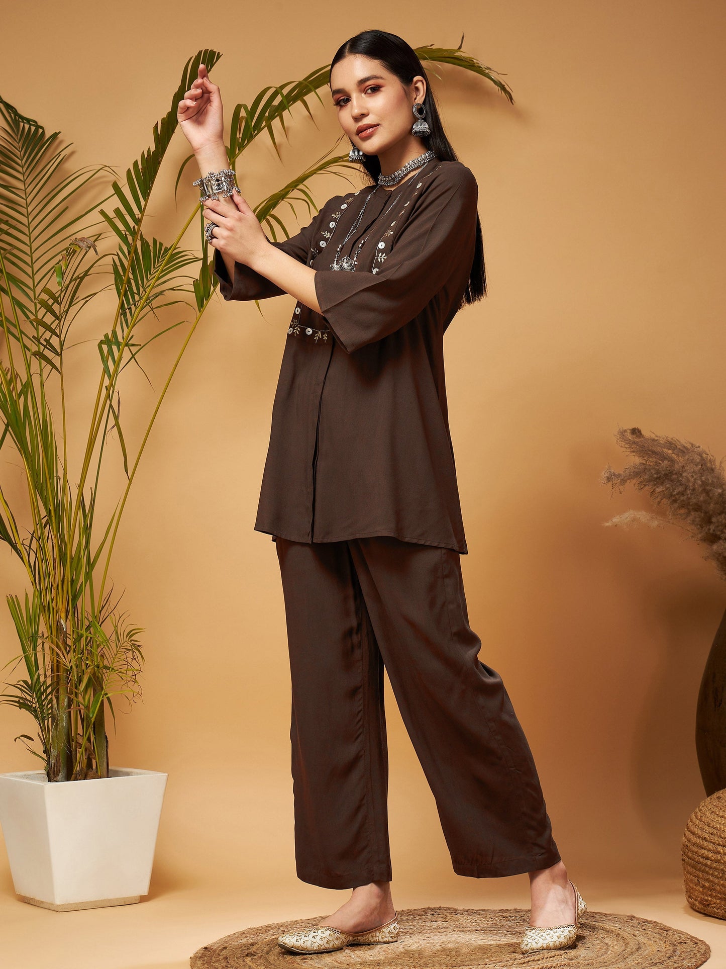Brown Zari Embroidered Top With Palazzos-Shae by SASSAFRAS