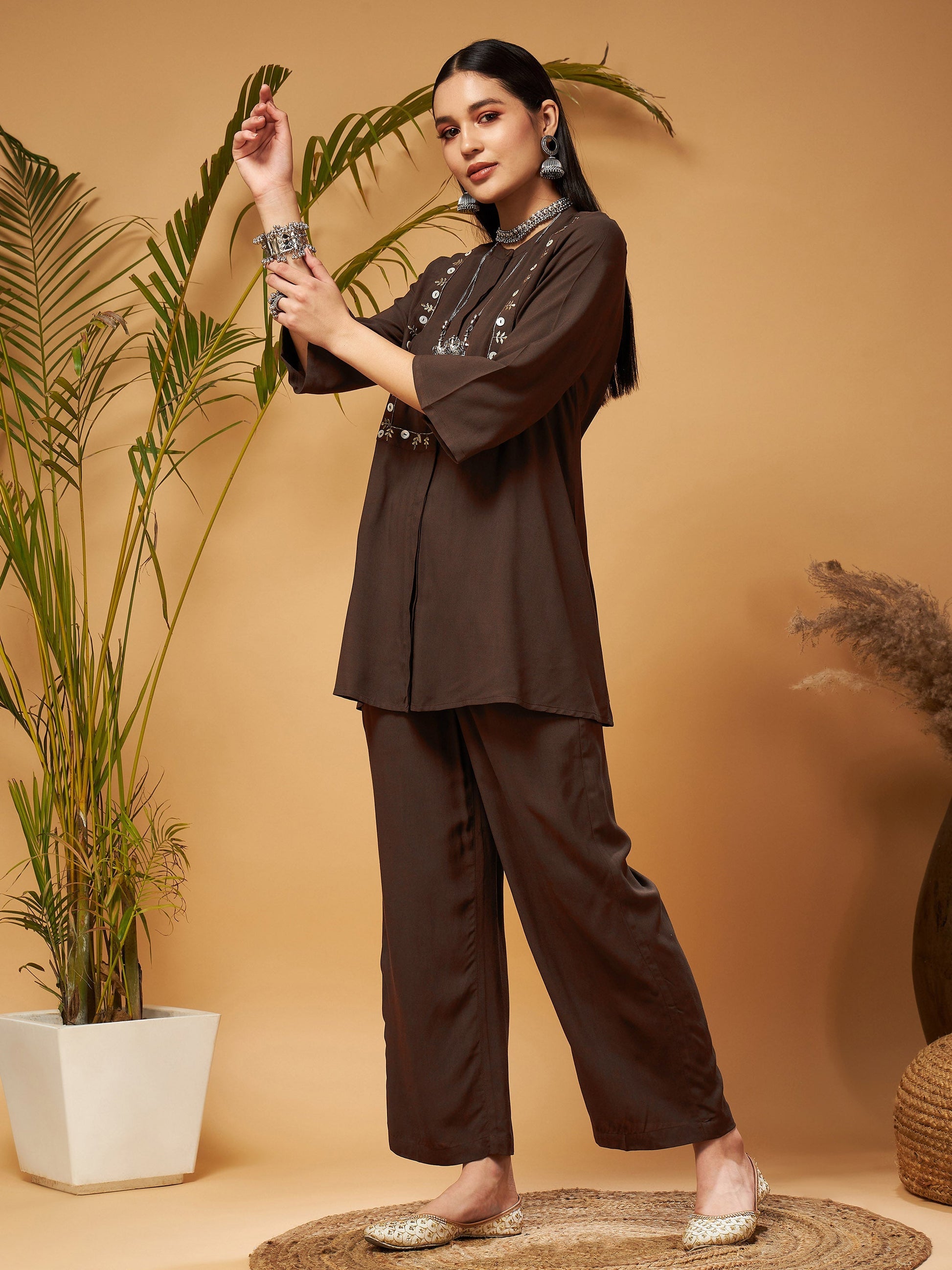 Brown Zari Embroidered Top With Palazzos-Shae by SASSAFRAS