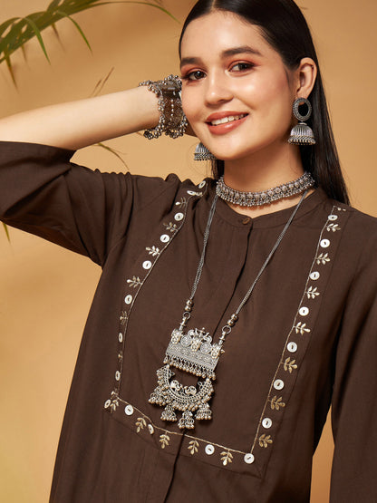 Brown Zari Embroidered Top With Palazzos-Shae by SASSAFRAS