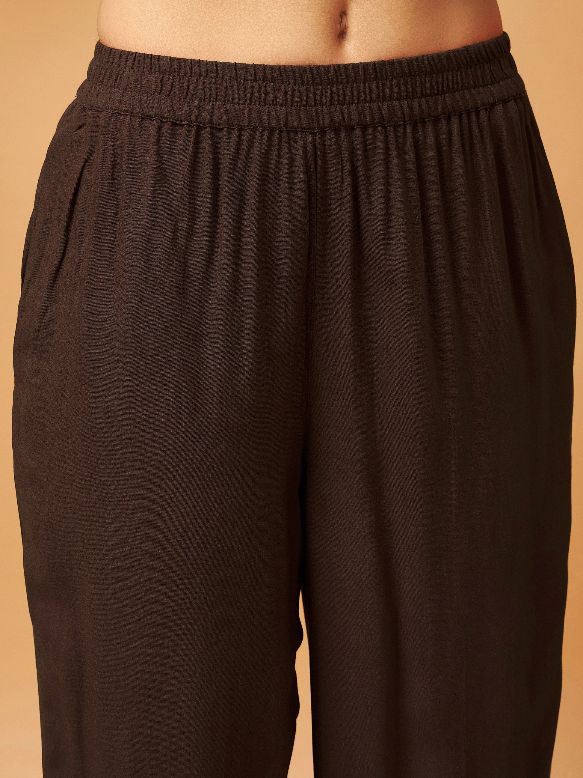 Brown Zari Embroidered Top With Palazzos-Shae by SASSAFRAS