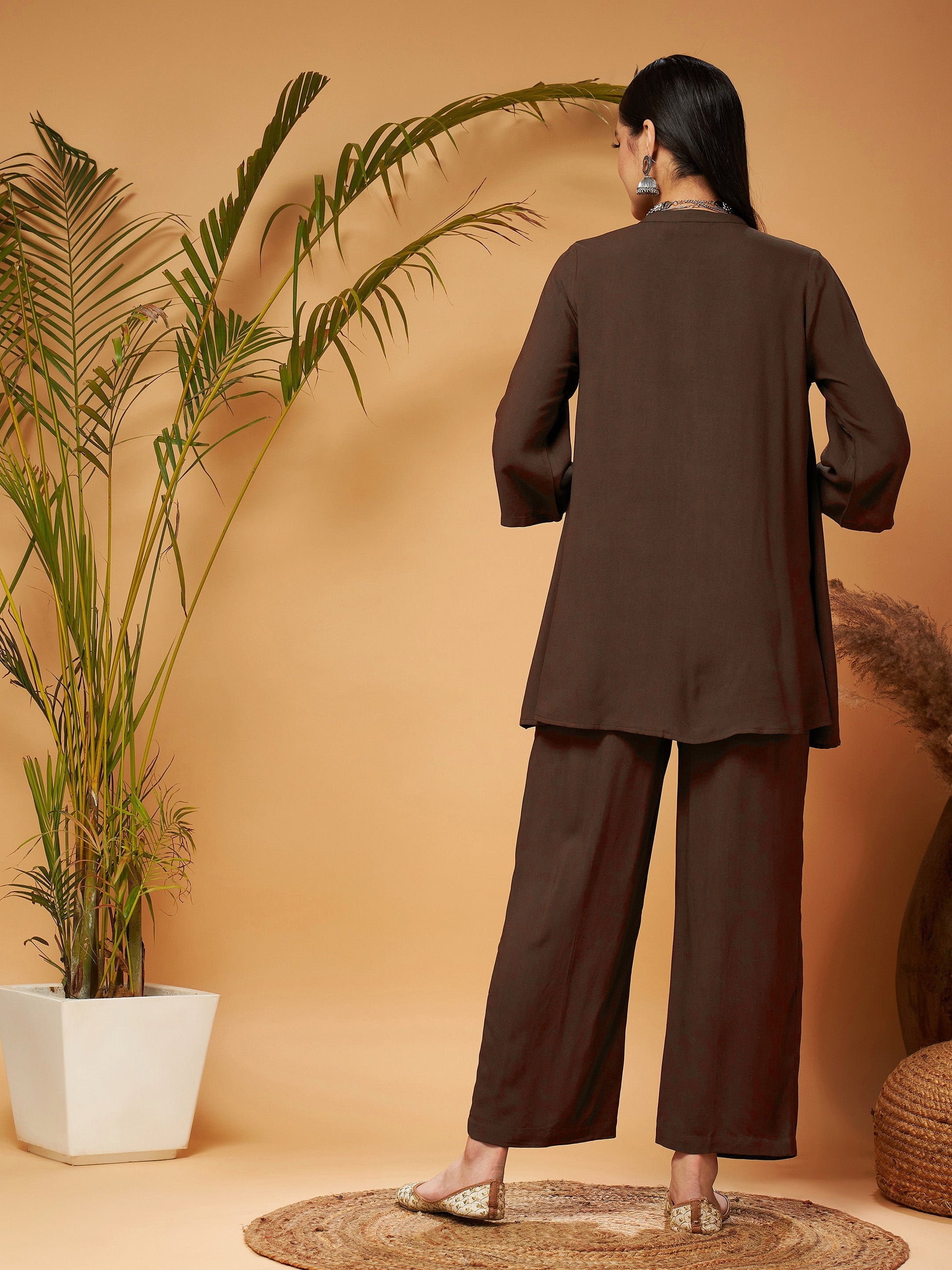 Brown Zari Embroidered Top With Palazzos-Shae by SASSAFRAS