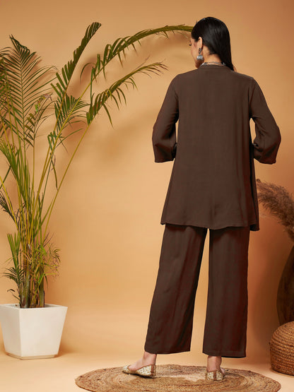 Brown Zari Embroidered Top With Palazzos-Shae by SASSAFRAS
