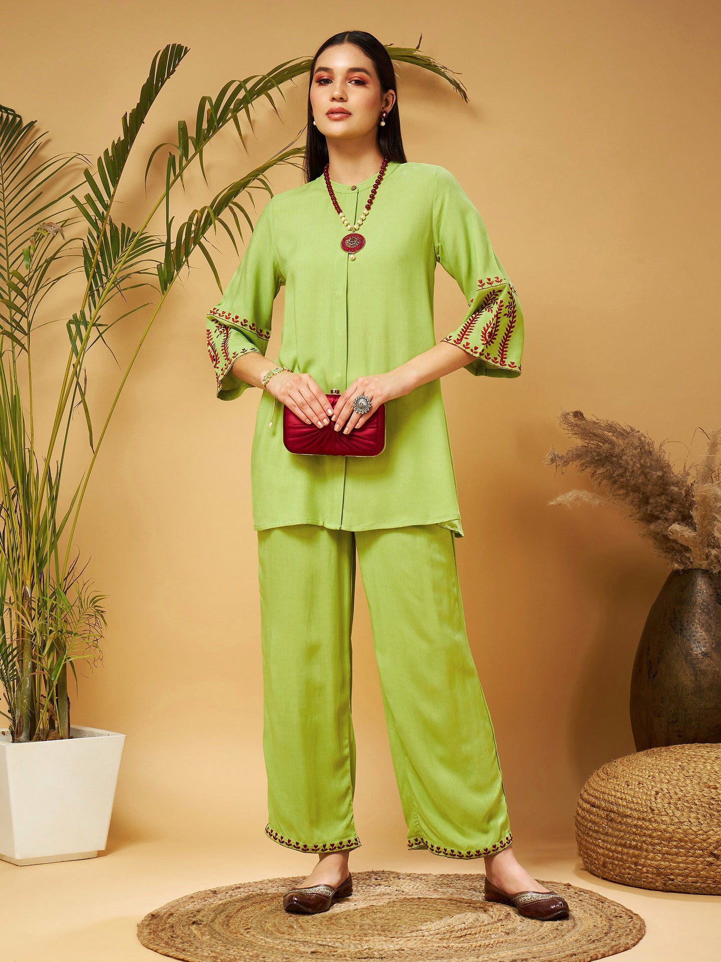 Green Embroidered Top With Palazzos