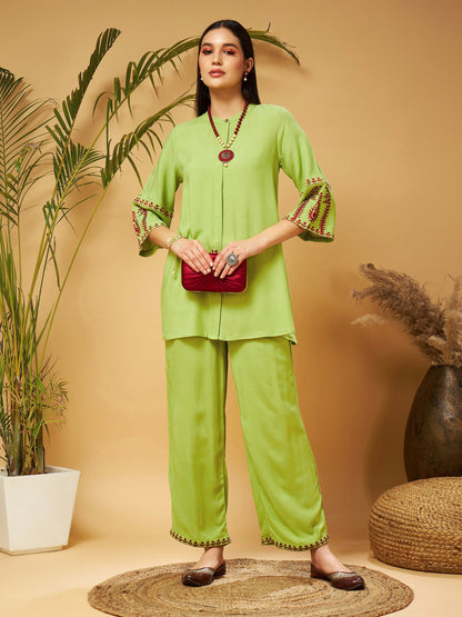 Green Embroidered Top With Palazzos