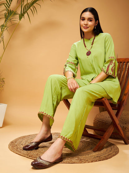 Green Embroidered Top With Palazzos