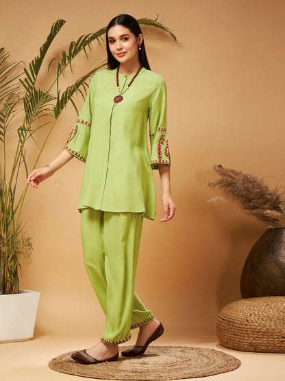 Green Embroidered Top With Palazzos