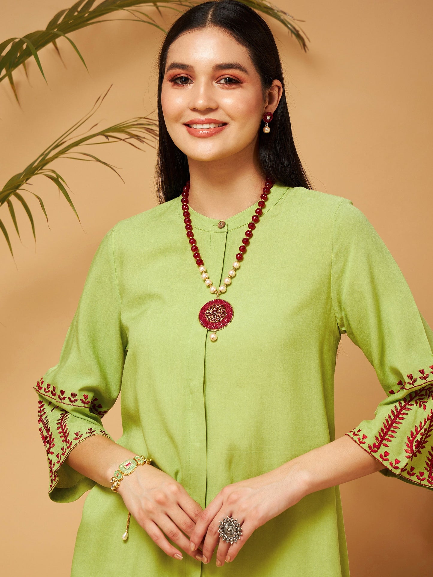 Green Embroidered Top With Palazzos