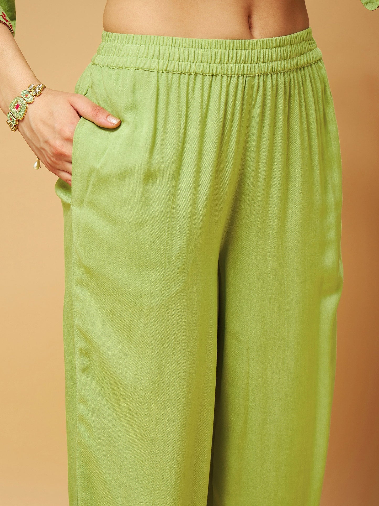 Green Embroidered Top With Palazzos