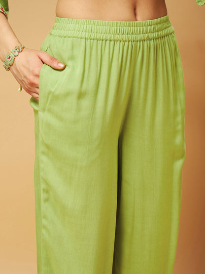 Green Embroidered Top With Palazzos
