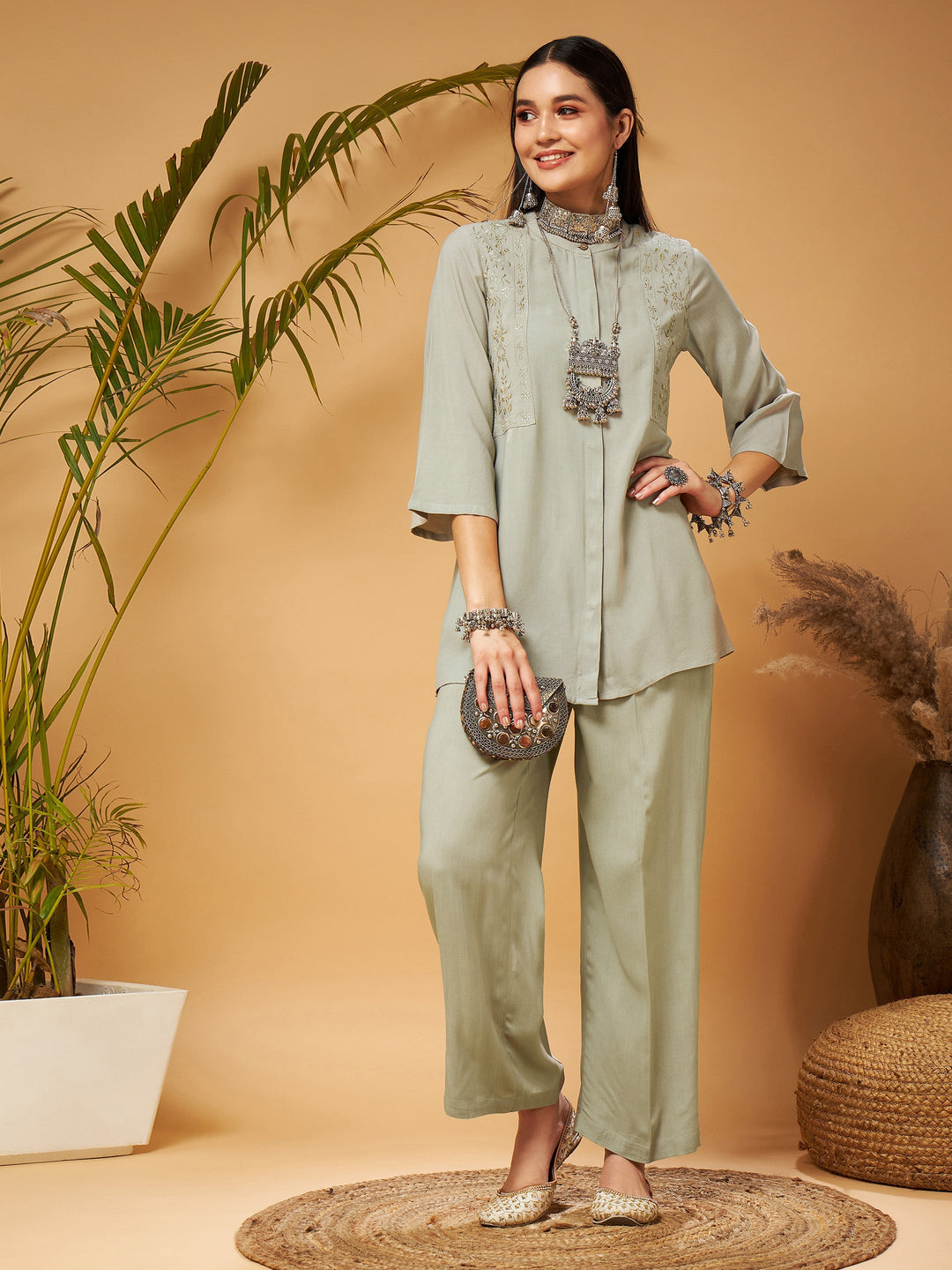 Women's Women Taupe Embroidered Top With Palazzos in Rayon by Shae for wholesale, bulk, supplier, manufacturer and wholesaler buyers from Trendphoria