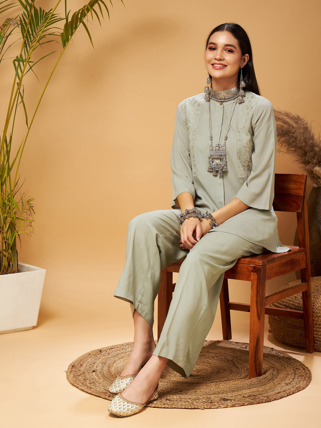 Taupe Embroidered Top With Palazzos-Shae by SASSAFRAS