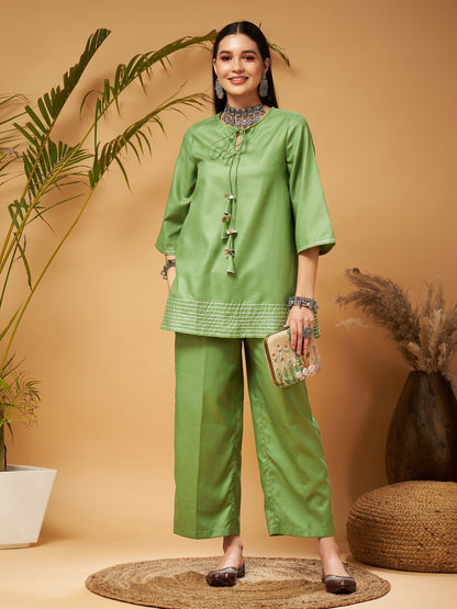 Green Peplum Gota Lace Top With Palazzos
