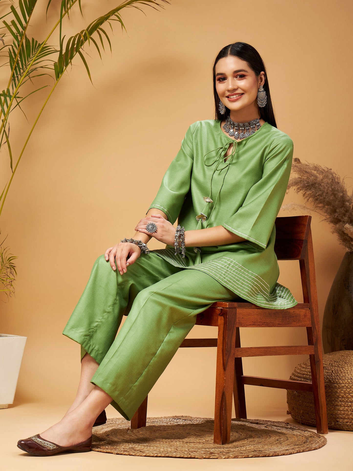 Green Peplum Gota Lace Top With Palazzos