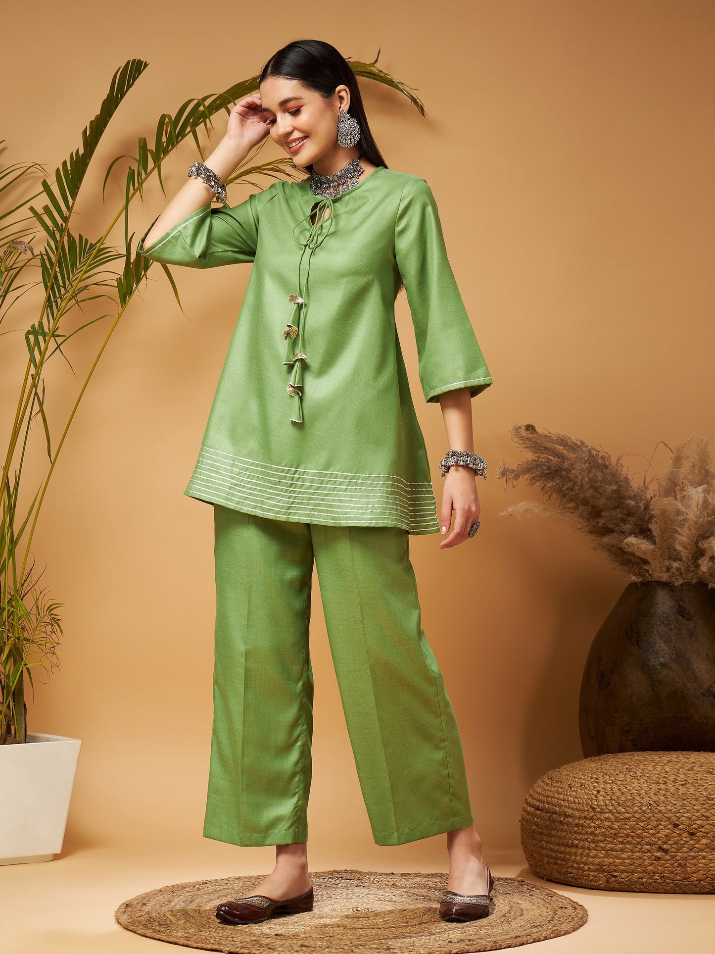 Green Peplum Gota Lace Top With Palazzos
