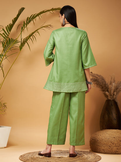 Green Peplum Gota Lace Top With Palazzos