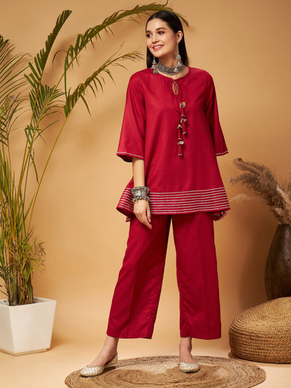 Maroon Peplum Gota Lace Top With Palazzos