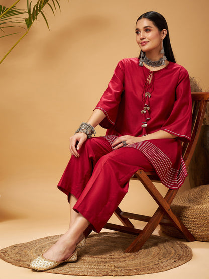 Maroon Peplum Gota Lace Top With Palazzos
