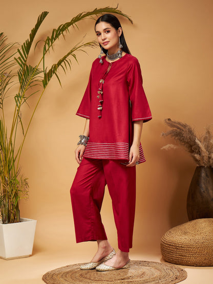 Maroon Peplum Gota Lace Top With Palazzos