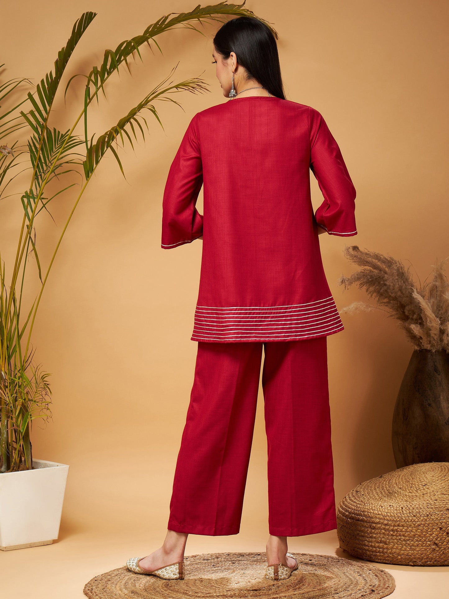 Maroon Peplum Gota Lace Top With Palazzos