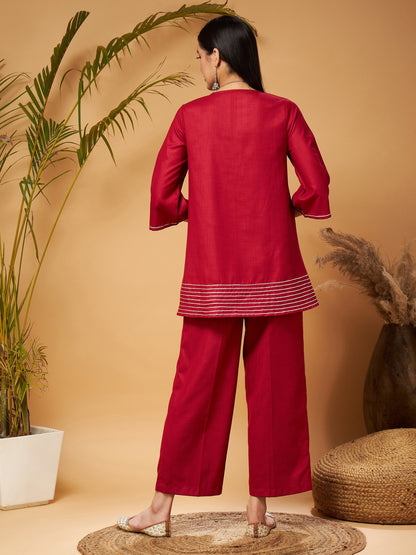 Maroon Peplum Gota Lace Top With Palazzos