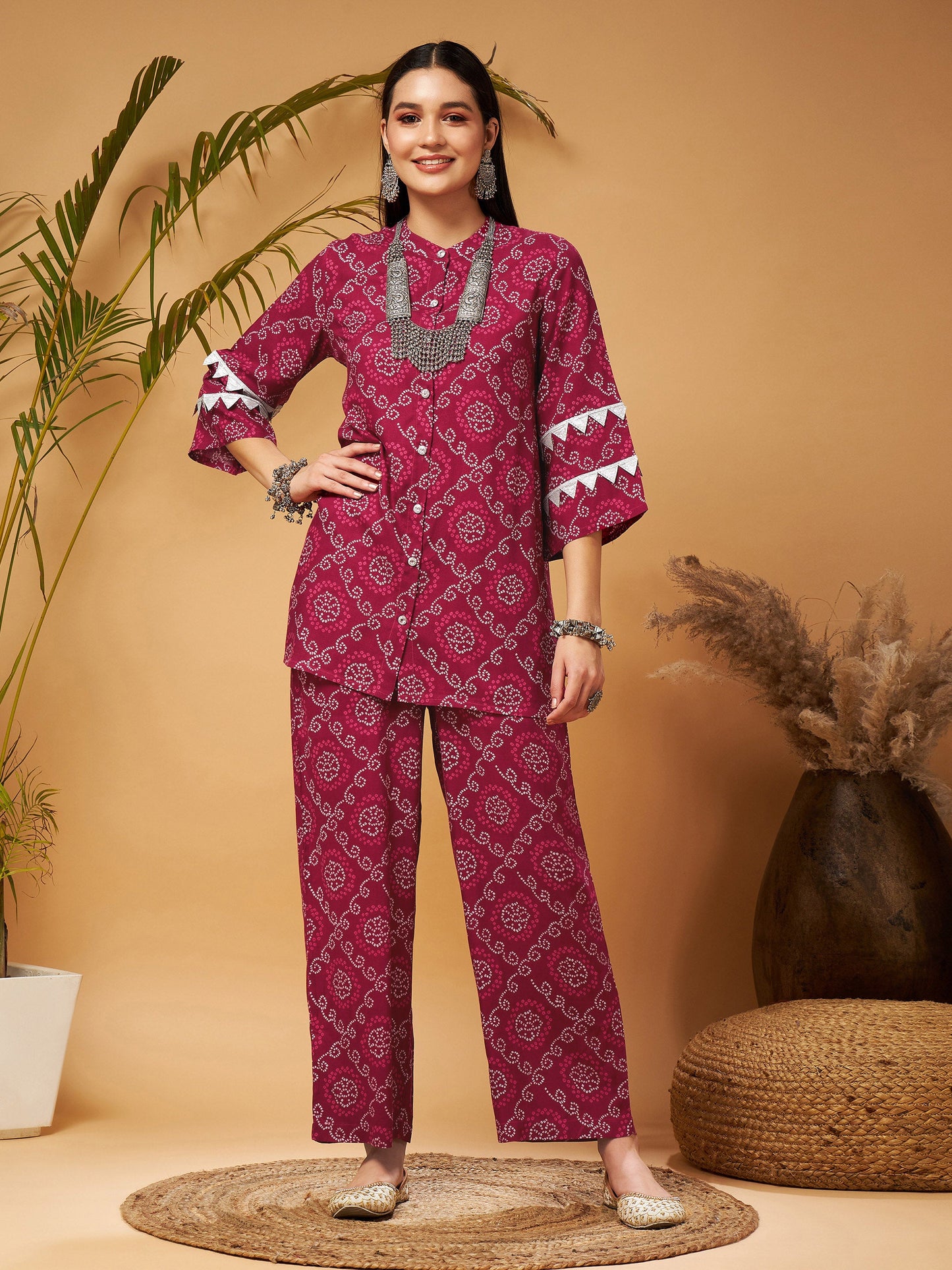 Fuchsia Bandhej Top With Palazzos