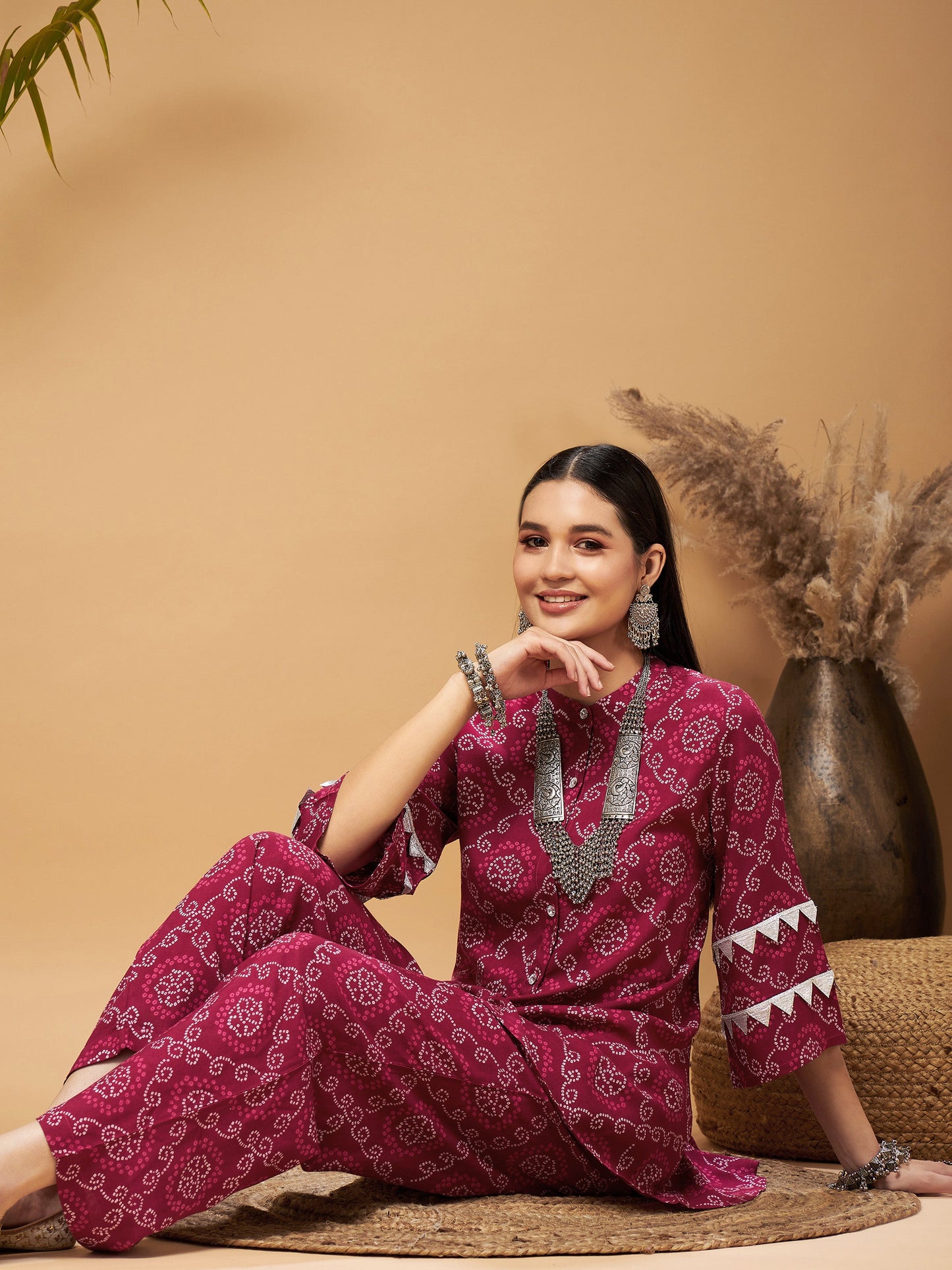 Fuchsia Bandhej Top With Palazzos