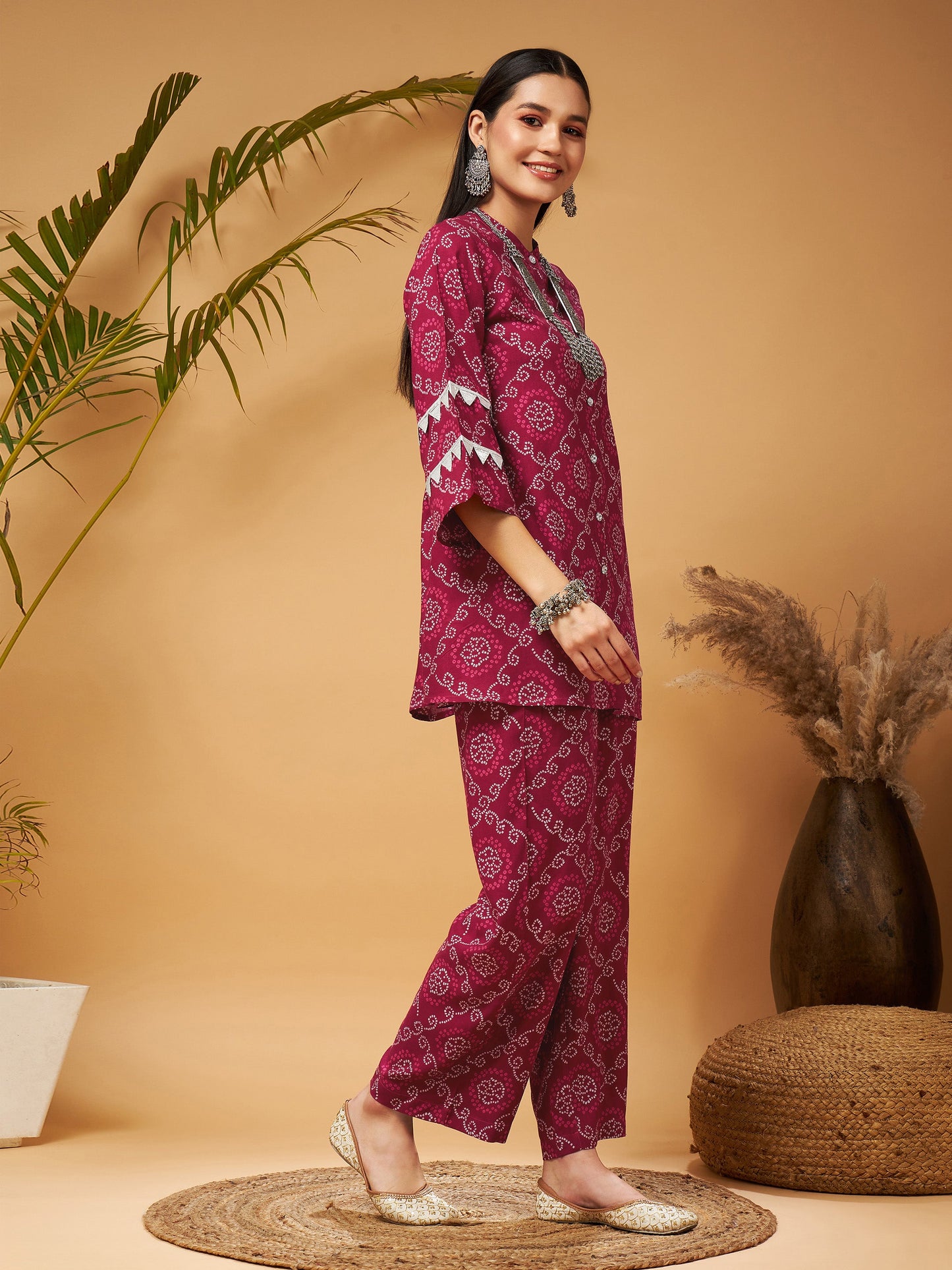 Fuchsia Bandhej Top With Palazzos