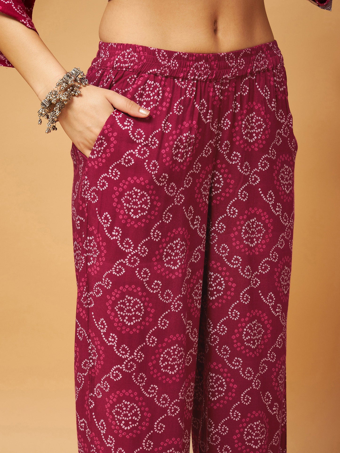 Fuchsia Bandhej Top With Palazzos