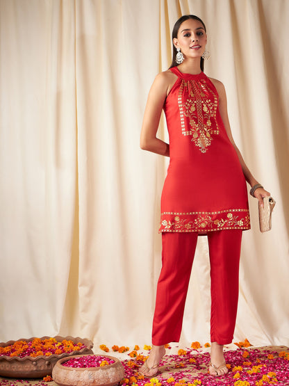 Red Foil Print Halter Neck Kurta With Pants-Shae by SASSAFRAS