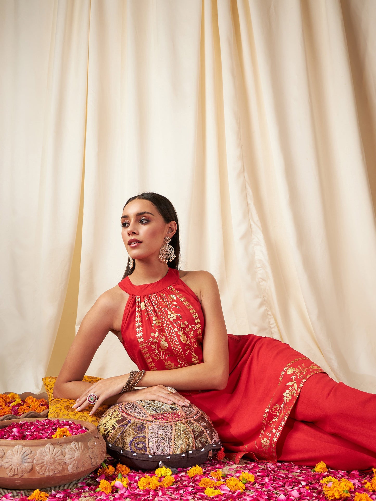 Red Foil Print Halter Neck Kurta With Pants-Shae by SASSAFRAS