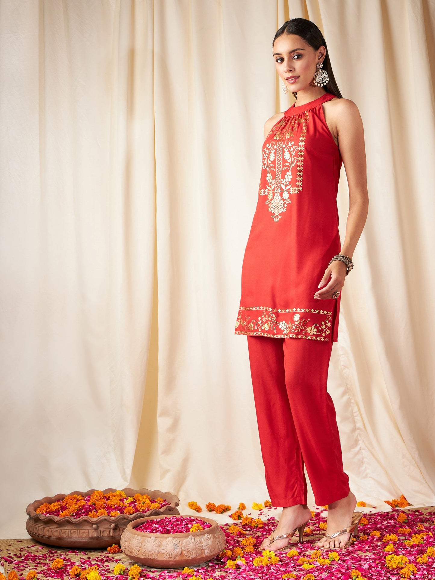 Red Foil Print Halter Neck Kurta With Pants-Shae by SASSAFRAS