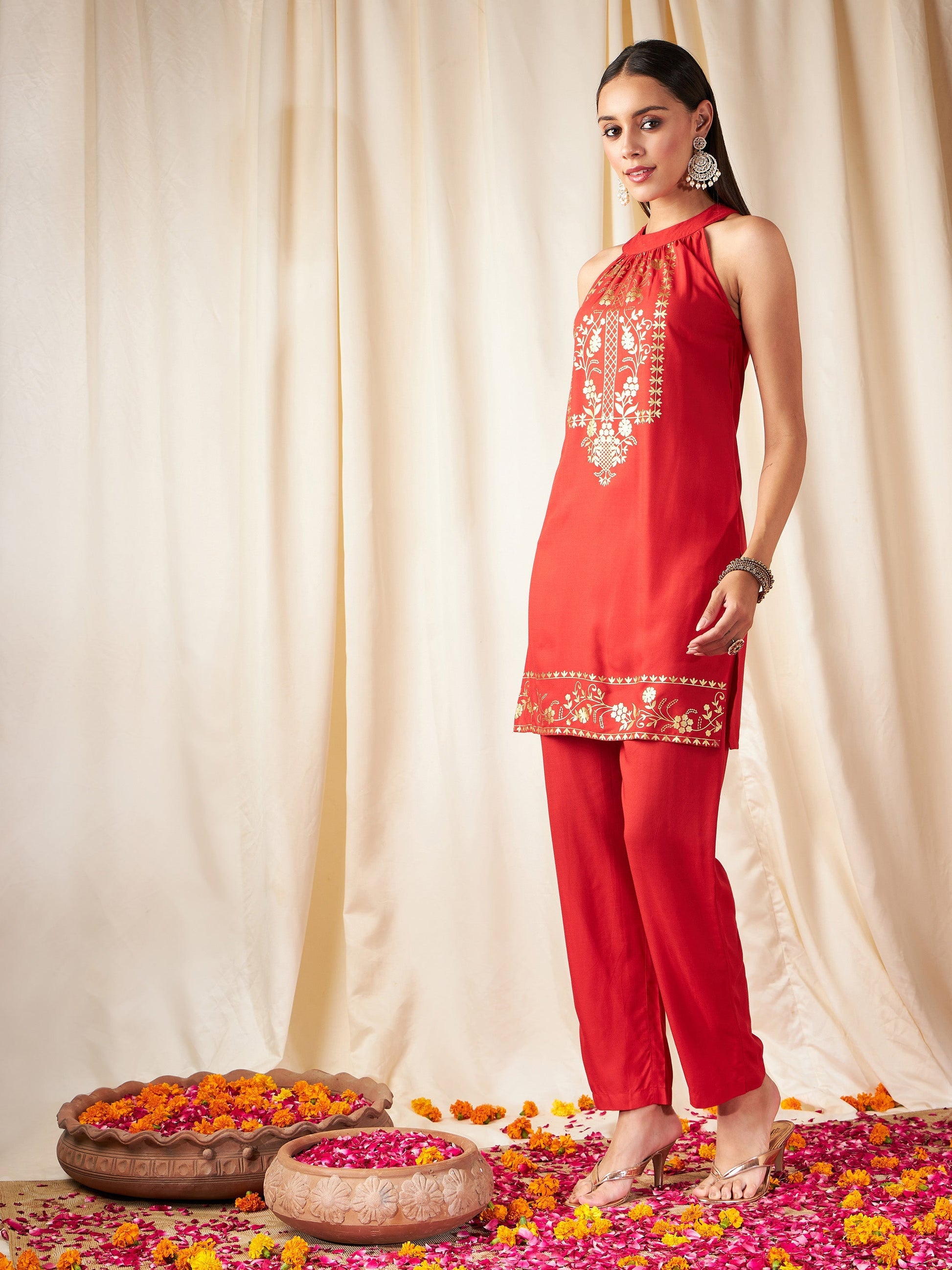 Red Foil Print Halter Neck Kurta With Pants-Shae by SASSAFRAS