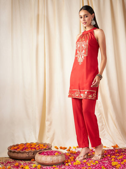 Red Foil Print Halter Neck Kurta With Pants-Shae by SASSAFRAS