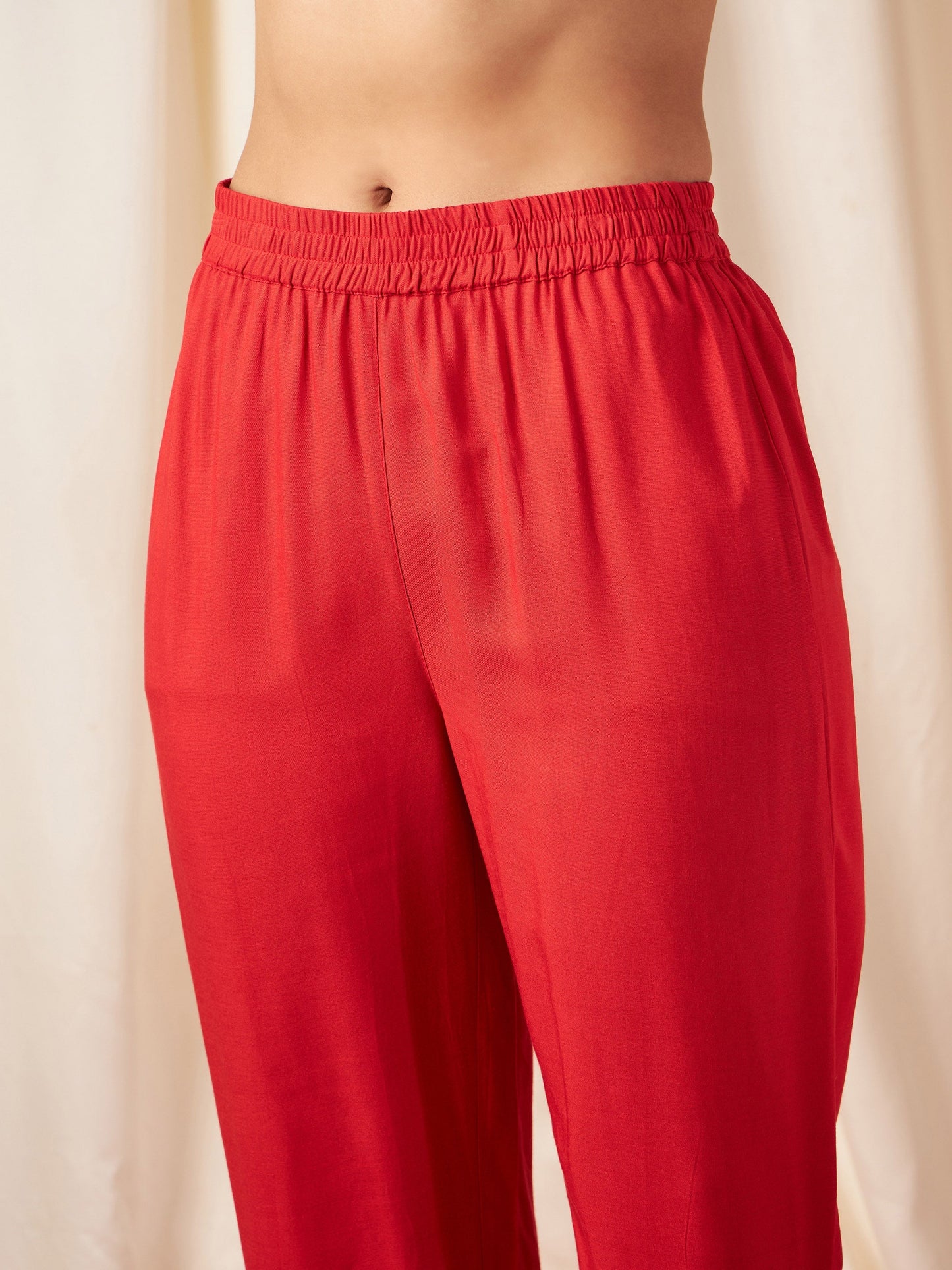 Red Foil Print Halter Neck Kurta With Pants-Shae by SASSAFRAS