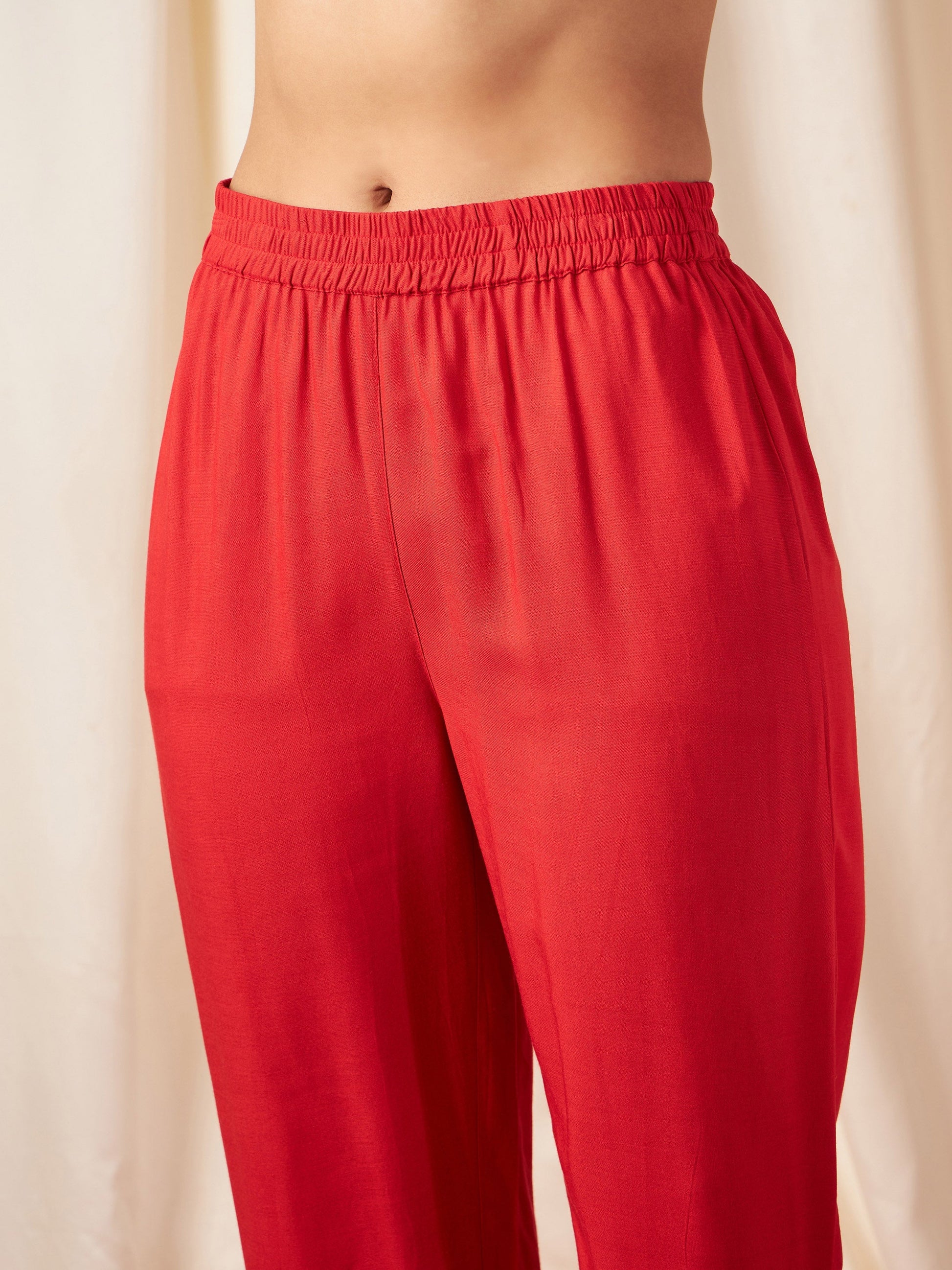 Red Foil Print Halter Neck Kurta With Pants-Shae by SASSAFRAS