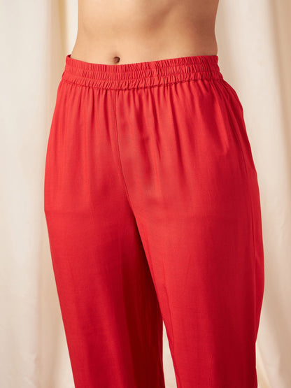 Red Foil Print Halter Neck Kurta With Pants-Shae by SASSAFRAS