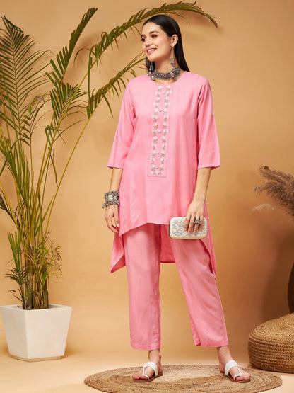 Pink Embroidered High Low Kurta With Pants