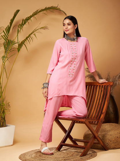 Pink Embroidered High Low Kurta With Pants