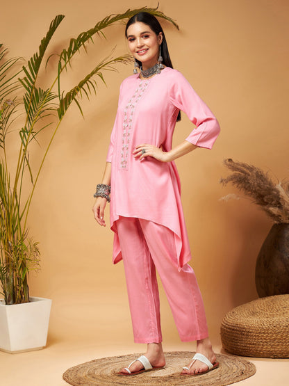Pink Embroidered High Low Kurta With Pants