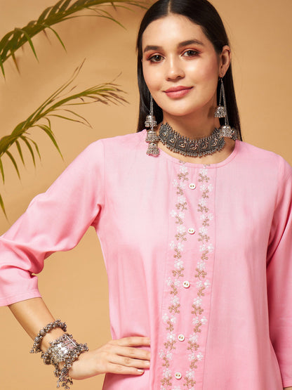 Pink Embroidered High Low Kurta With Pants