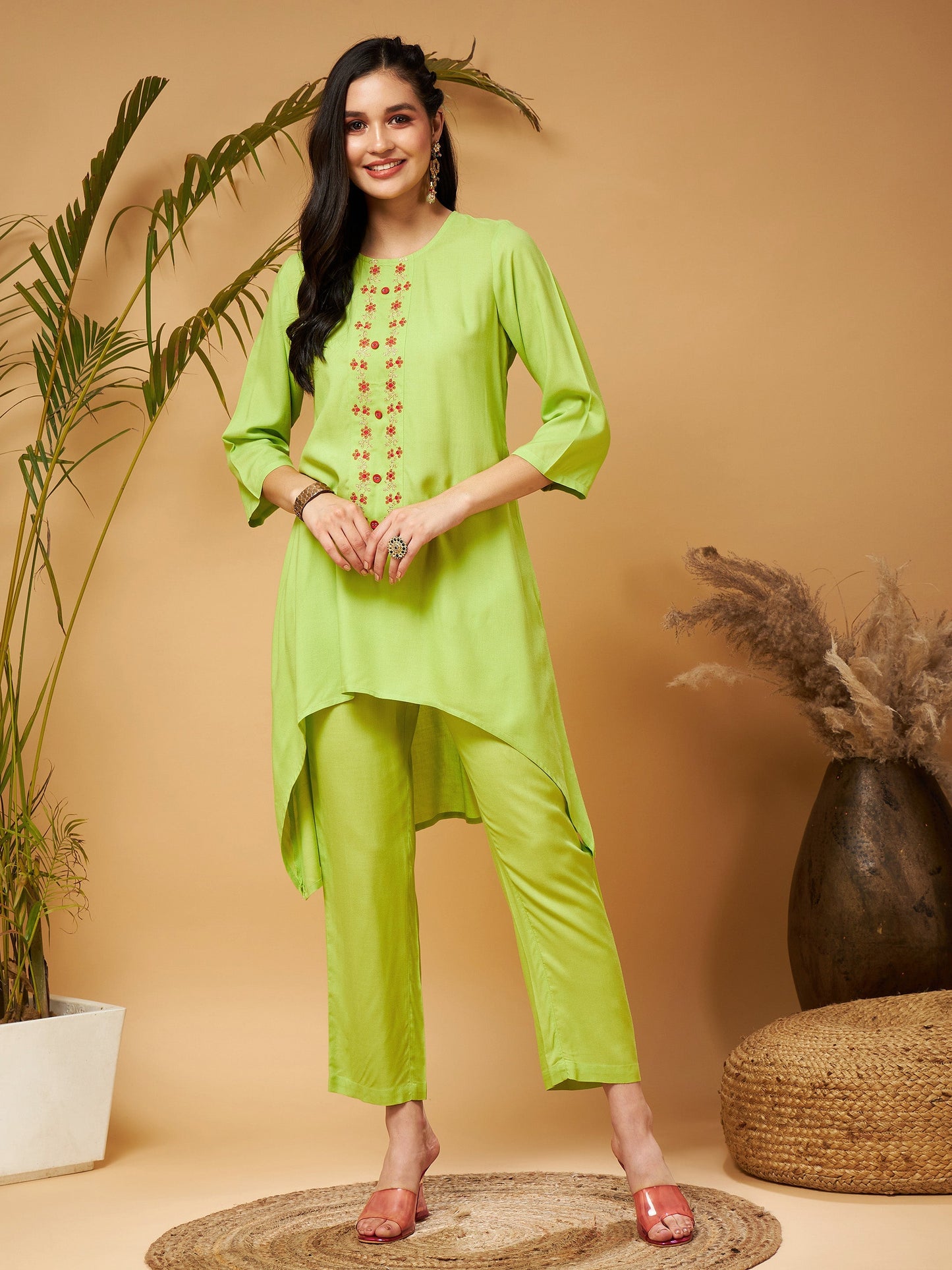 Lime Green Embroidered High Low Kurta With Pants
